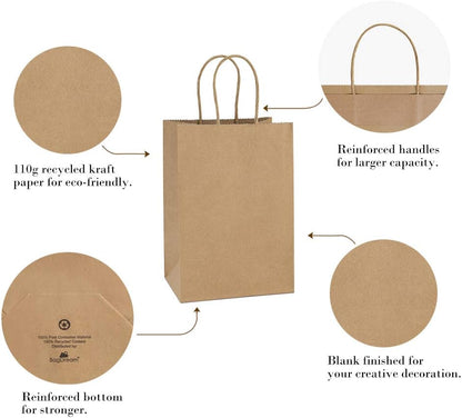 Gift Bags 100Pcs 5.25X3X8 Small Kraft Paper Gift Bags with Handles Bulk, Brown Paper Sacks for Small Business, Retail, Merchandise, Wedding Birthday Party Favor