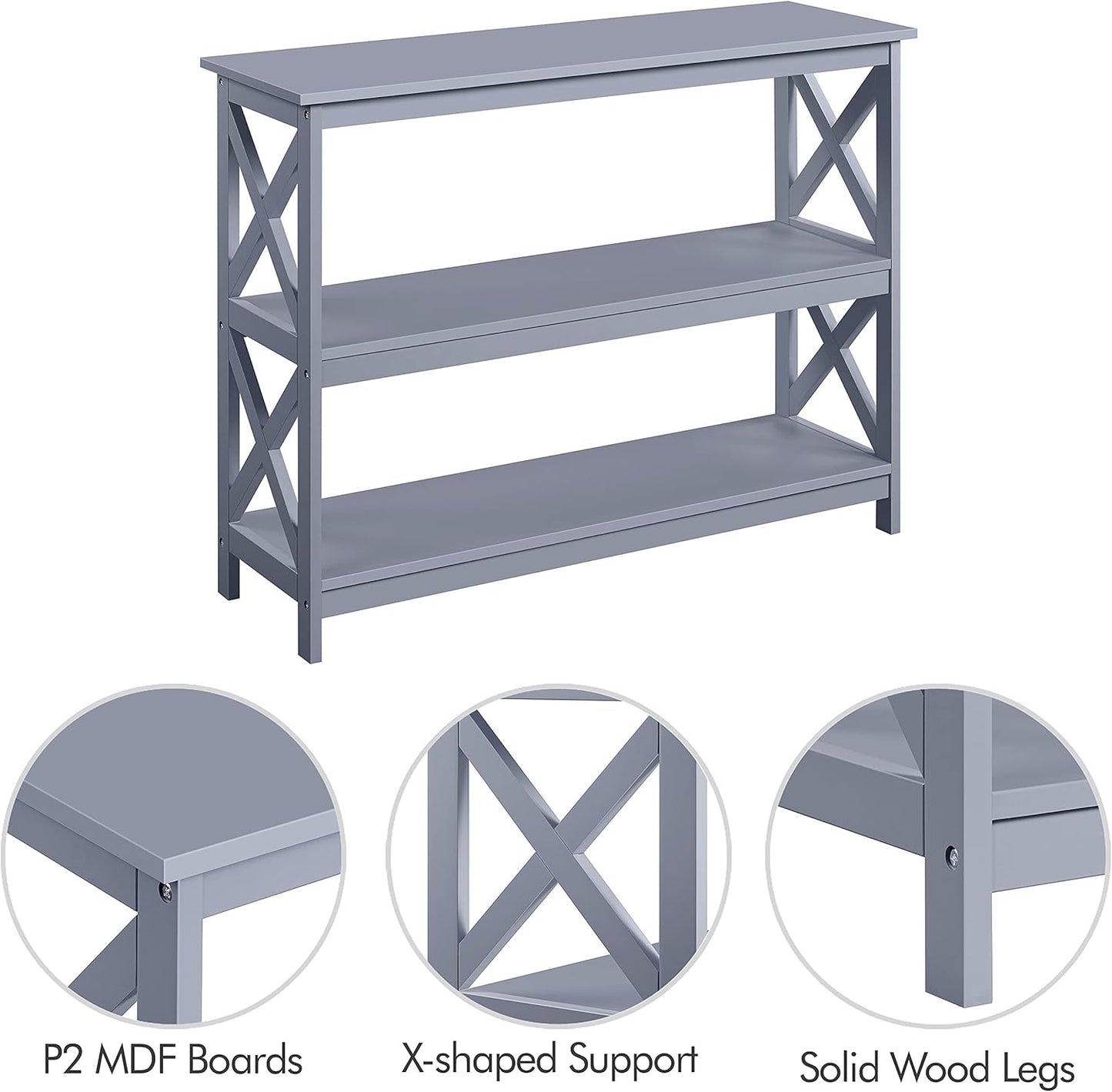 Gray Console Table with Three Storage Shelves - Slim Entryway and Sofa Side Table for Hallway and Living Room Accent Furniture