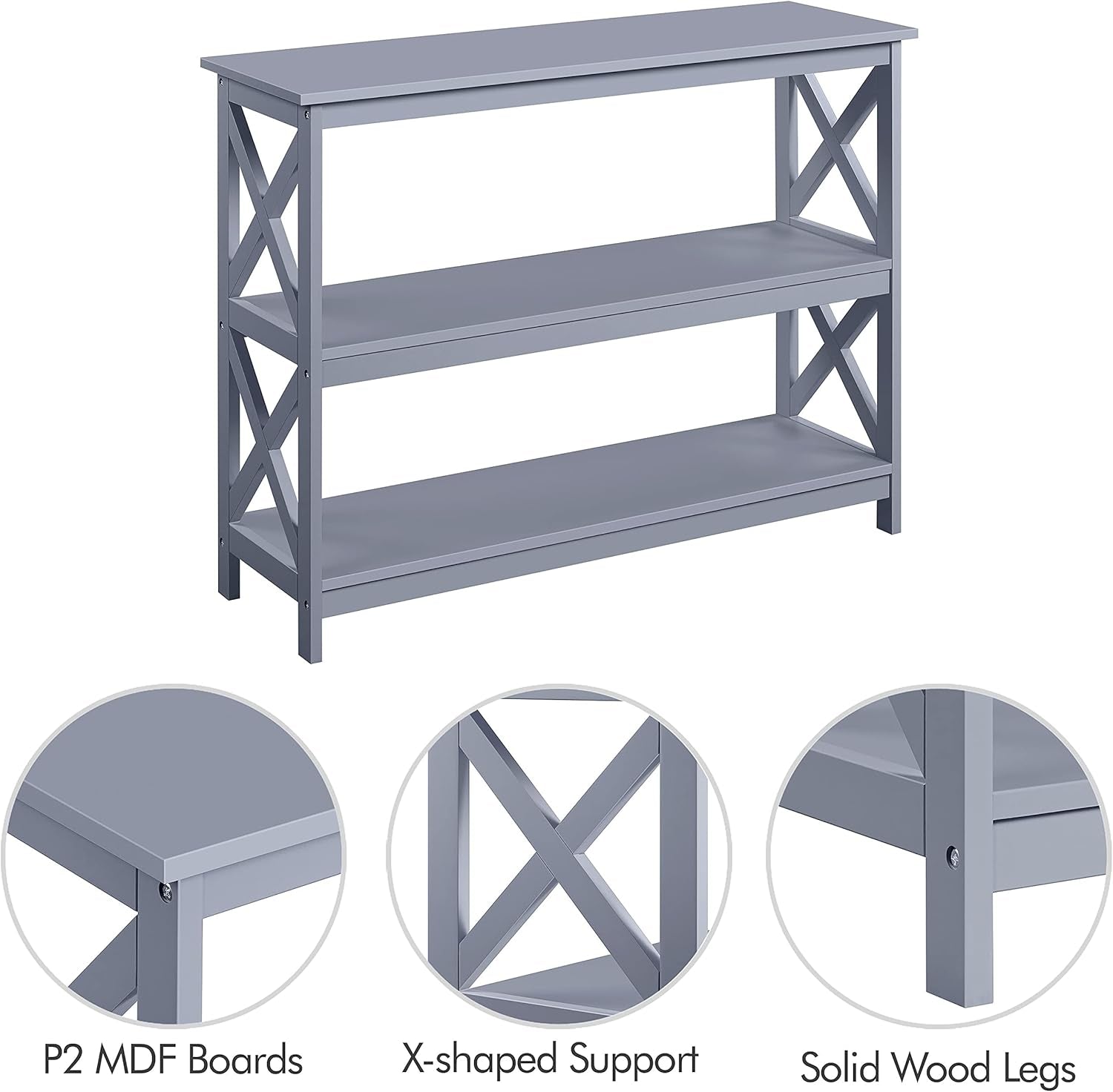 Gray Console Table with Three Storage Shelves - Slim Entryway and Sofa Side Table for Hallway and Living Room Accent Furniture