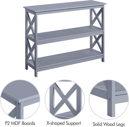 Gray Console Table with Three Storage Shelves - Slim Entryway and Sofa Side Table for Hallway and Living Room Accent Furniture