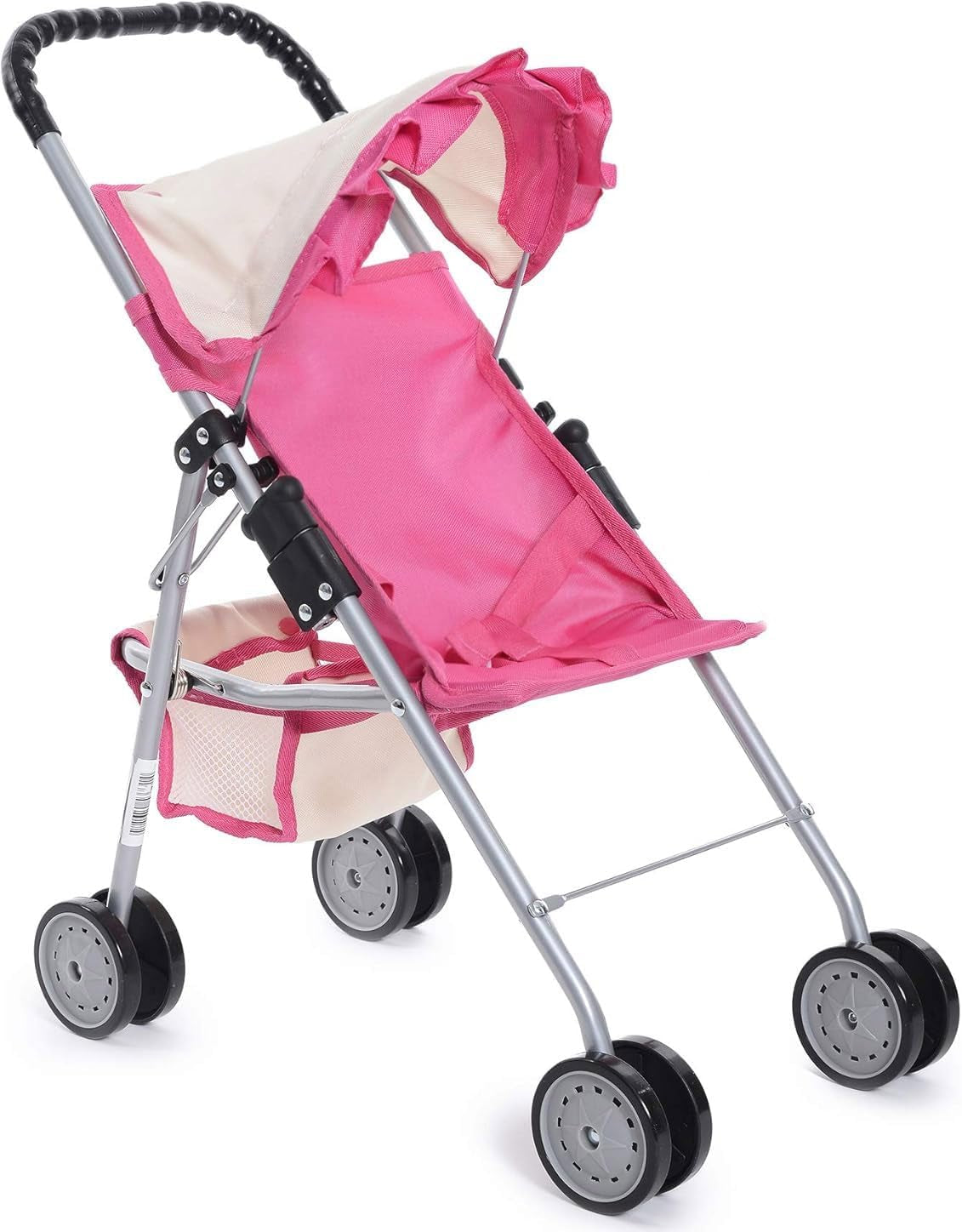 Elegant Doll Stroller with Basket - Pink and Off-White Foldable Stroller for Dolls up to 18 Inches, Featuring Two Complimentary Magic Bottles