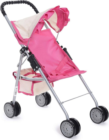 Elegant Doll Stroller with Basket - Pink and Off-White Foldable Stroller for Dolls up to 18 Inches, Featuring Two Complimentary Magic Bottles