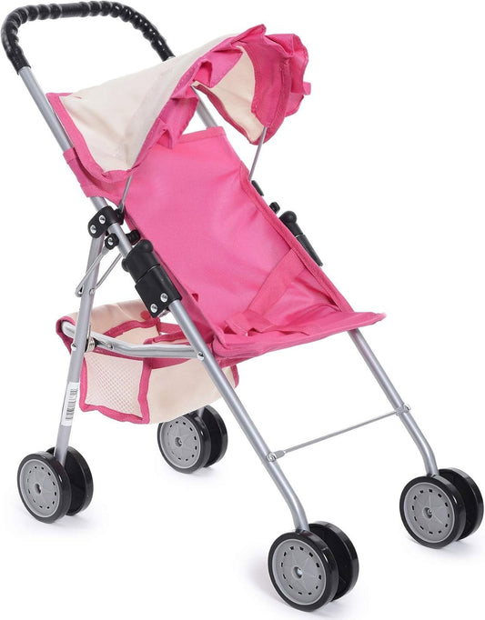 Elegant Doll Stroller with Basket - Pink and Off-White Foldable Stroller for Dolls up to 18 Inches, Featuring Two Complimentary Magic Bottles