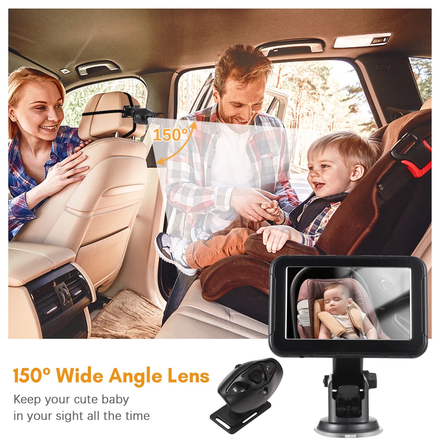 High-Definition 1080P Baby Car Monitor with 150° Wide-Angle View and Night Vision for Rear-Facing Seats