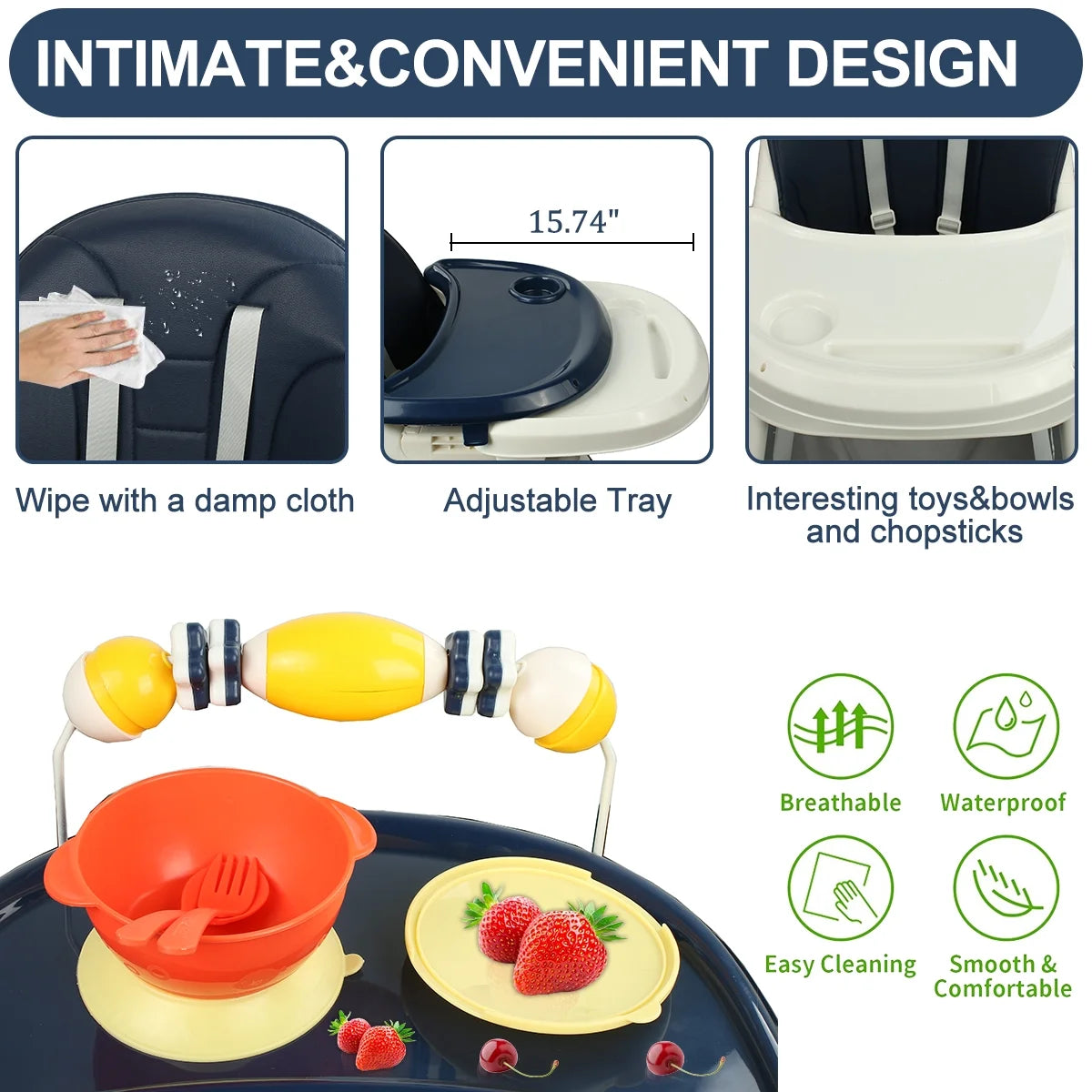 Adjustable 4-in-1 Baby Highchair and Convertible Toddler Dining Chair with 5-Point Safety Harness and Removable Dinner Plate, Blue