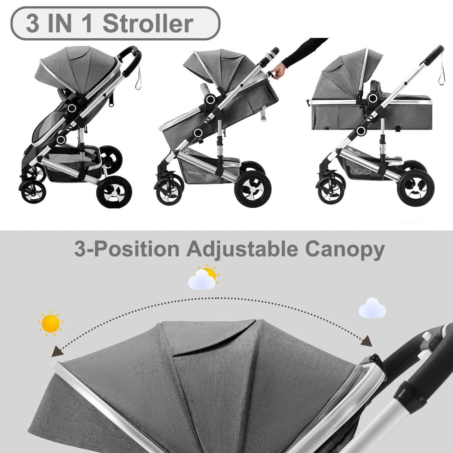 Convertible 3-in-1 Baby Stroller with Spacious Seating and Adjustable Canopy, 24 lbs, Dark Grey