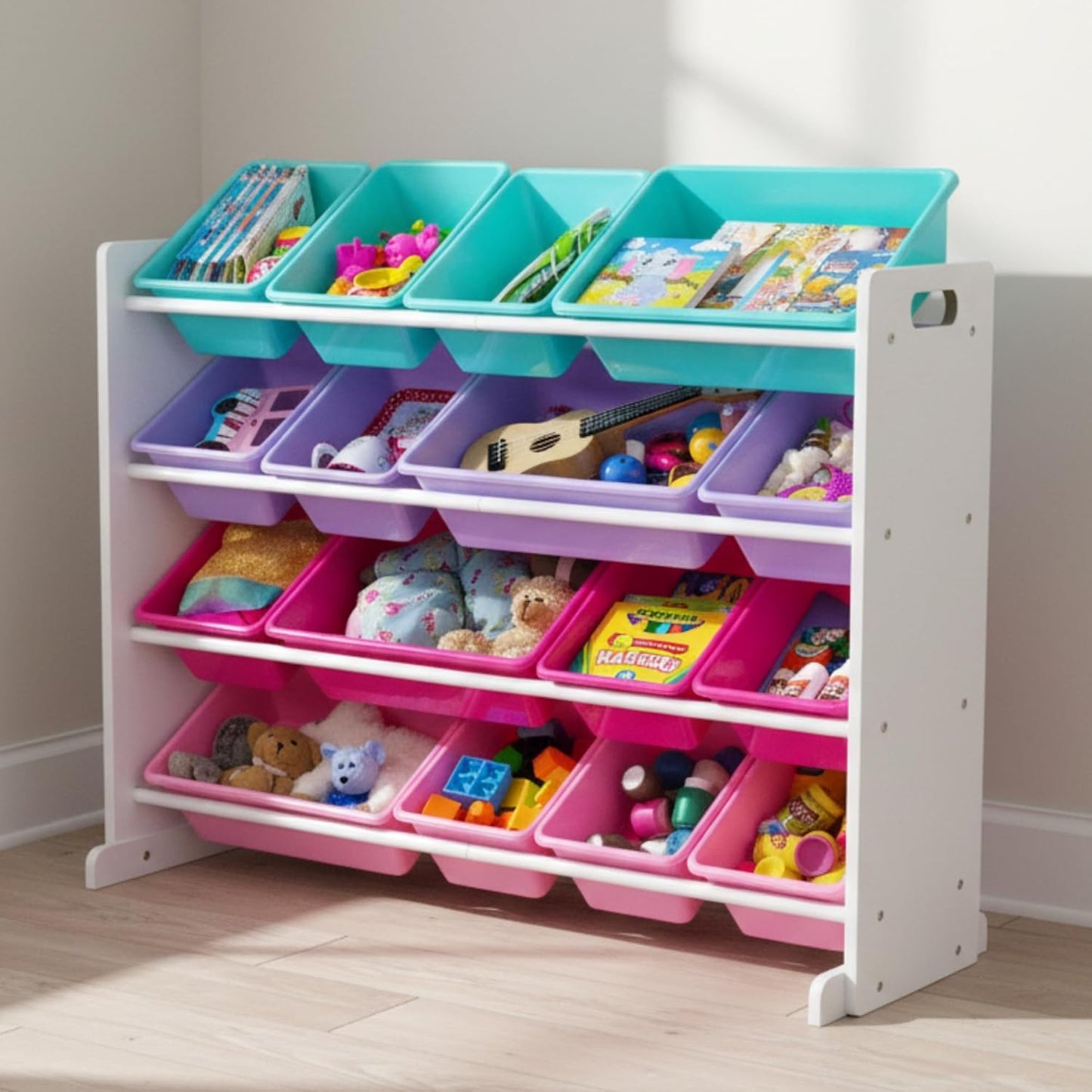 Large Toy Storage Organizer with 16 Removable Bins in White, Blue, Pink, and Purple - Ideal for Toddlers' Rooms, Playrooms, and Nurseries - Modern Design for Effective Toy Organization