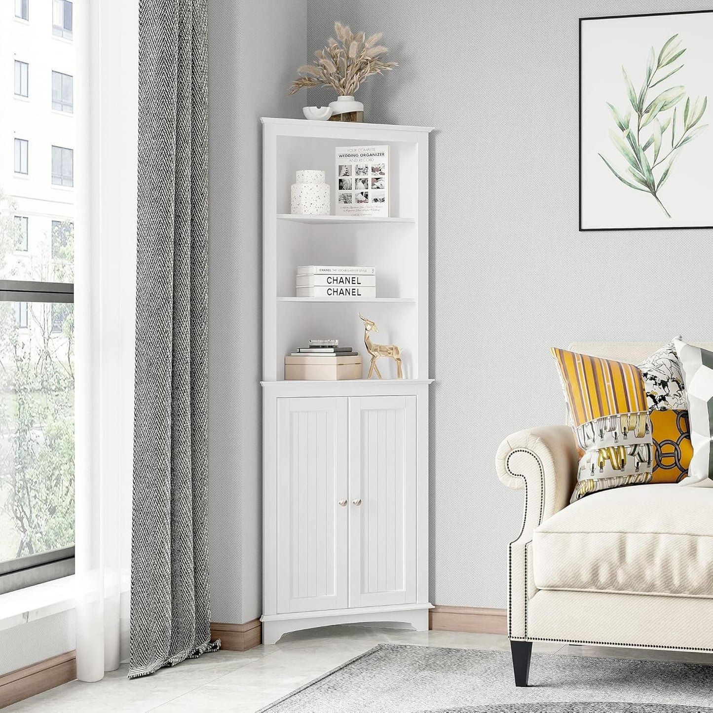 Freestanding Tall Corner Cabinet with Doors and Shelves for Bathroom, Kitchen, and Living Room in White