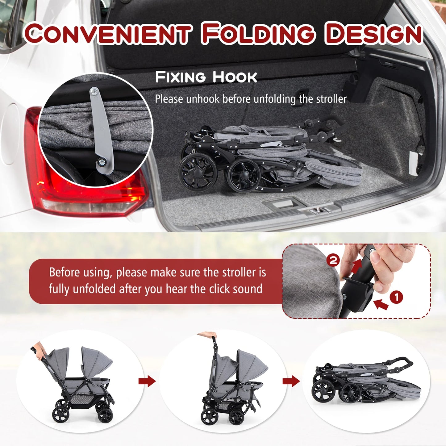 Lightweight Foldable Double Stroller for Infants - Grey Travel Pushchair