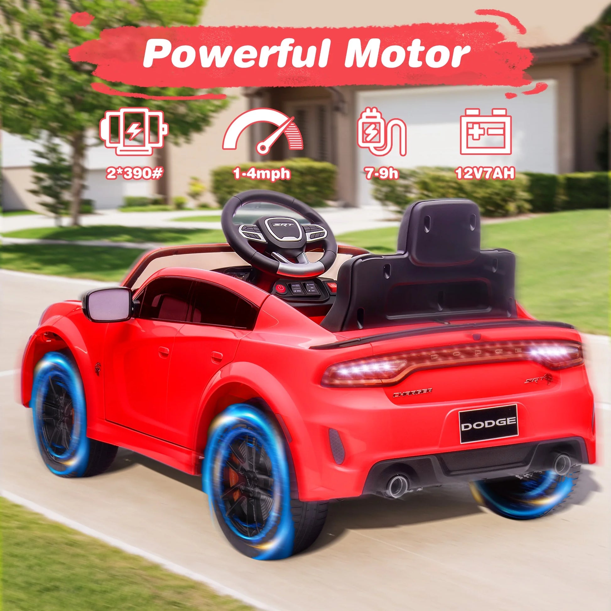 Dodge Licensed 12V Electric Ride-On Charger SRT Hellcat for Kids with Parental Remote Control, Music Player, and LED Lights - Red