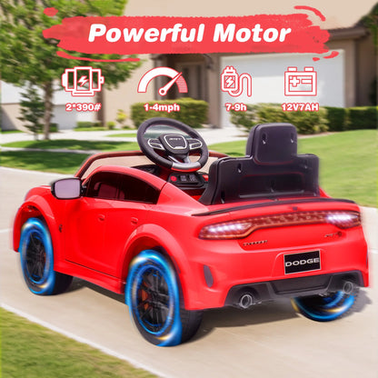 Dodge Licensed 12V Electric Ride-On Charger SRT Hellcat for Kids with Parental Remote Control, Music Player, and LED Lights - Red