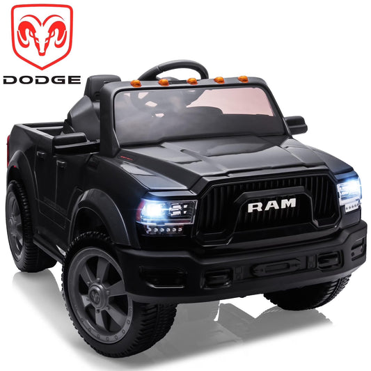 Dodge RAM 12V Electric Ride-On Car with Remote Control, Rear Wheel Suspension, 5-Point Safety Belt, MP3 Player, Bluetooth, LED Lights - Ideal for Children Ages 3-8, Black
