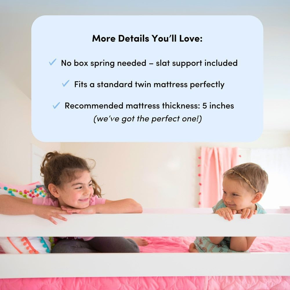 Twin Over Twin Solid Wood Bunk Bed Frame with Ladder and Safety Guardrails, Easy Assembly, No Box Spring Required, White Finish