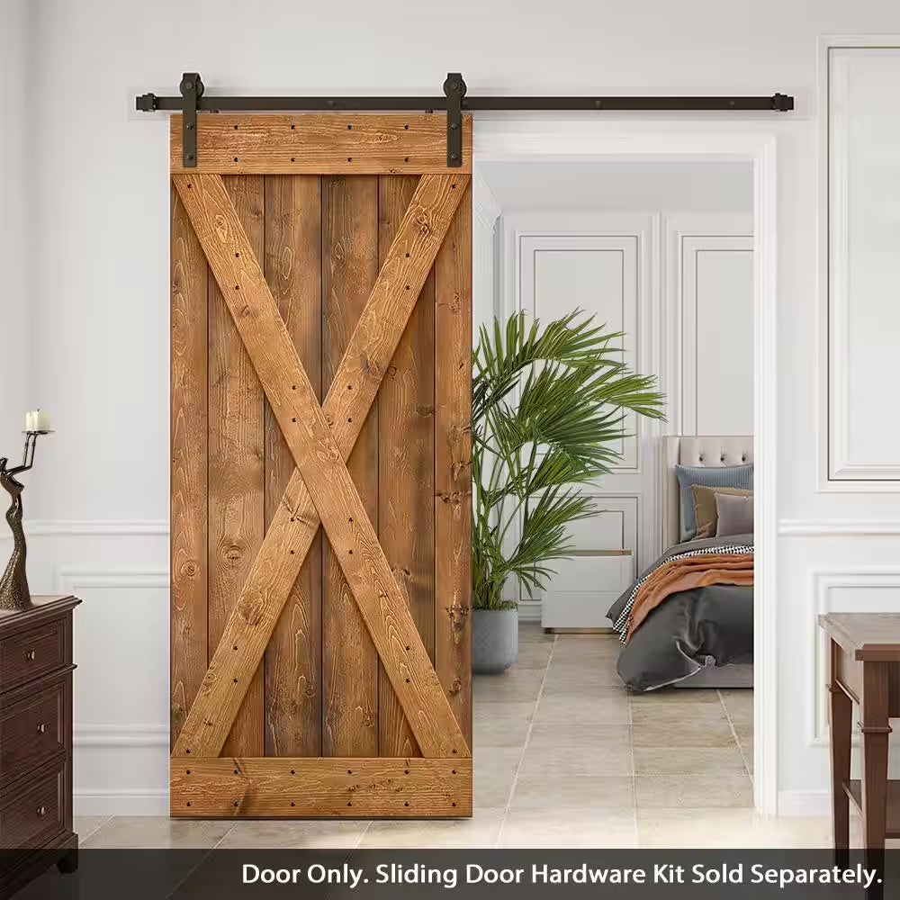 Distressed X 36 In. X 84 In. Walnut Stained Solid DIY Knotty Pine Wood Interior Sliding Barn Door Slab
