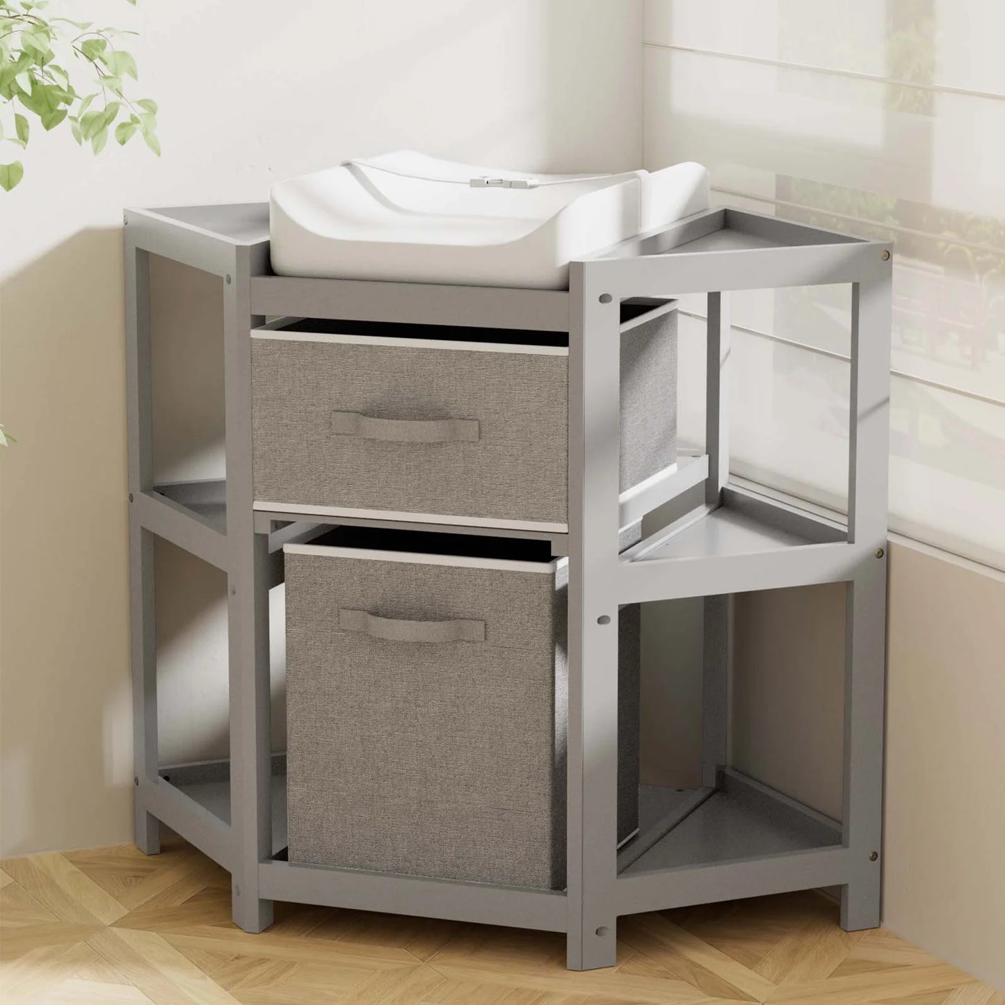 Children's Corner Gray Diaper Changing Station with Contoured Pad, Laundry Hamper, and Storage Bin