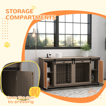 71" Dog Crate Furniture with Removable Divider for 2 Small Dogs or 1 Large Dog, Dog Kennel Furniture with Storage, Double Doors