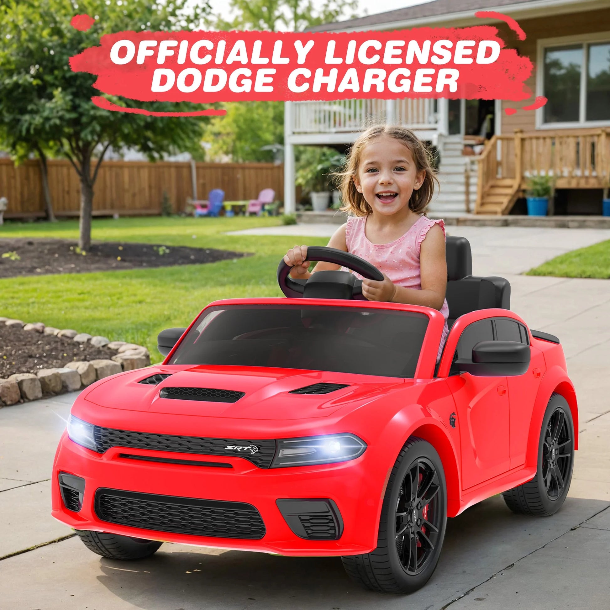 Dodge Licensed 12V Electric Ride-On Charger SRT Hellcat for Kids with Parental Remote Control, Music Player, and LED Lights - Red