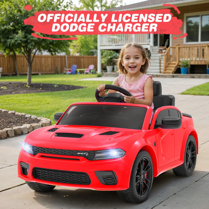Dodge Licensed 12V Electric Ride-On Charger SRT Hellcat for Kids with Parental Remote Control, Music Player, and LED Lights - Red