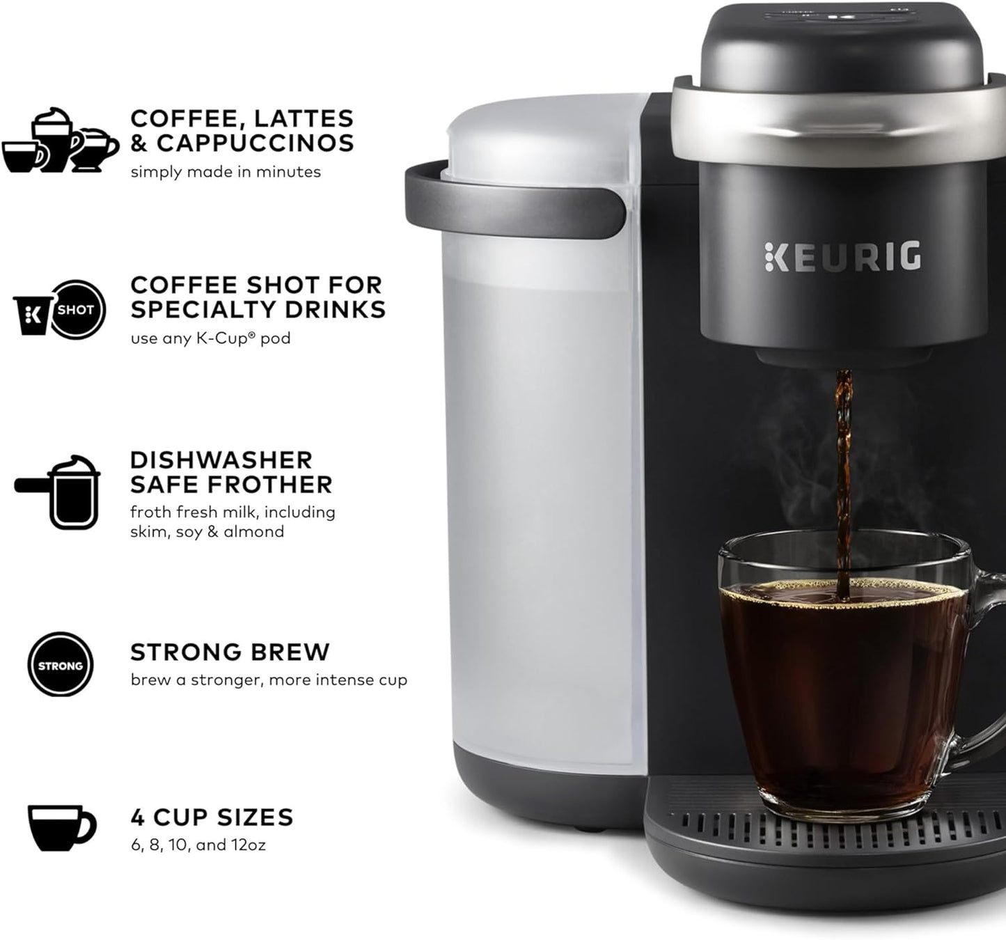 K-Cafe Single-Serve K-Cup Coffee Maker, Latte Maker and Cappuccino Maker, Comes with Dishwasher Safe Milk Frother, Coffee Shot Capability, Compatible with All  K-Cup Pods, Dark Charcoal