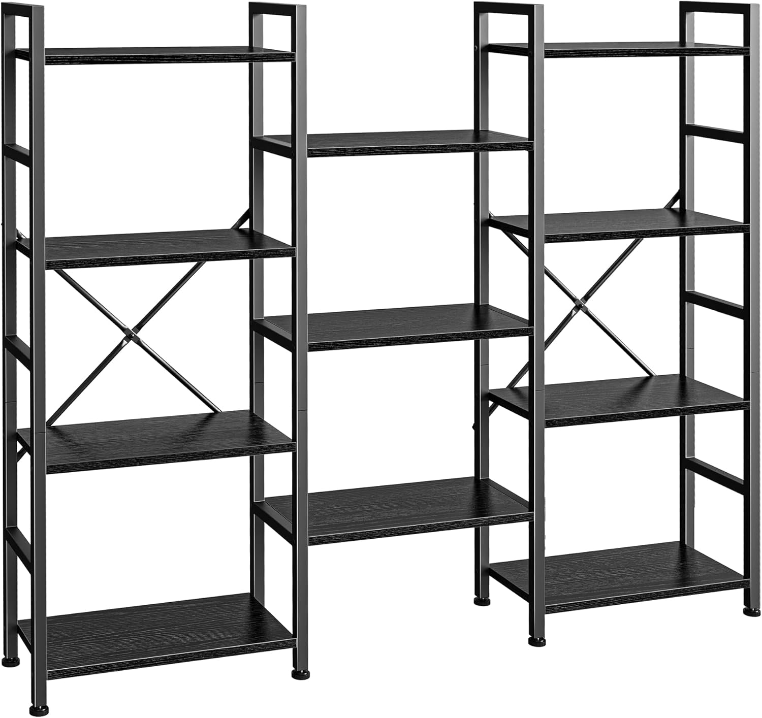 Triple 4-Tier Bookshelf with 11 Open Display Shelves - Wide Bookcase for Home and Office in Black