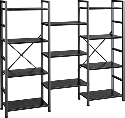 Triple 4-Tier Bookshelf with 11 Open Display Shelves - Wide Bookcase for Home and Office in Black