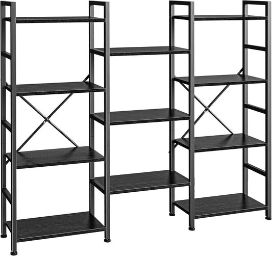 Triple 4-Tier Bookshelf with 11 Open Display Shelves - Wide Bookcase for Home and Office in Black