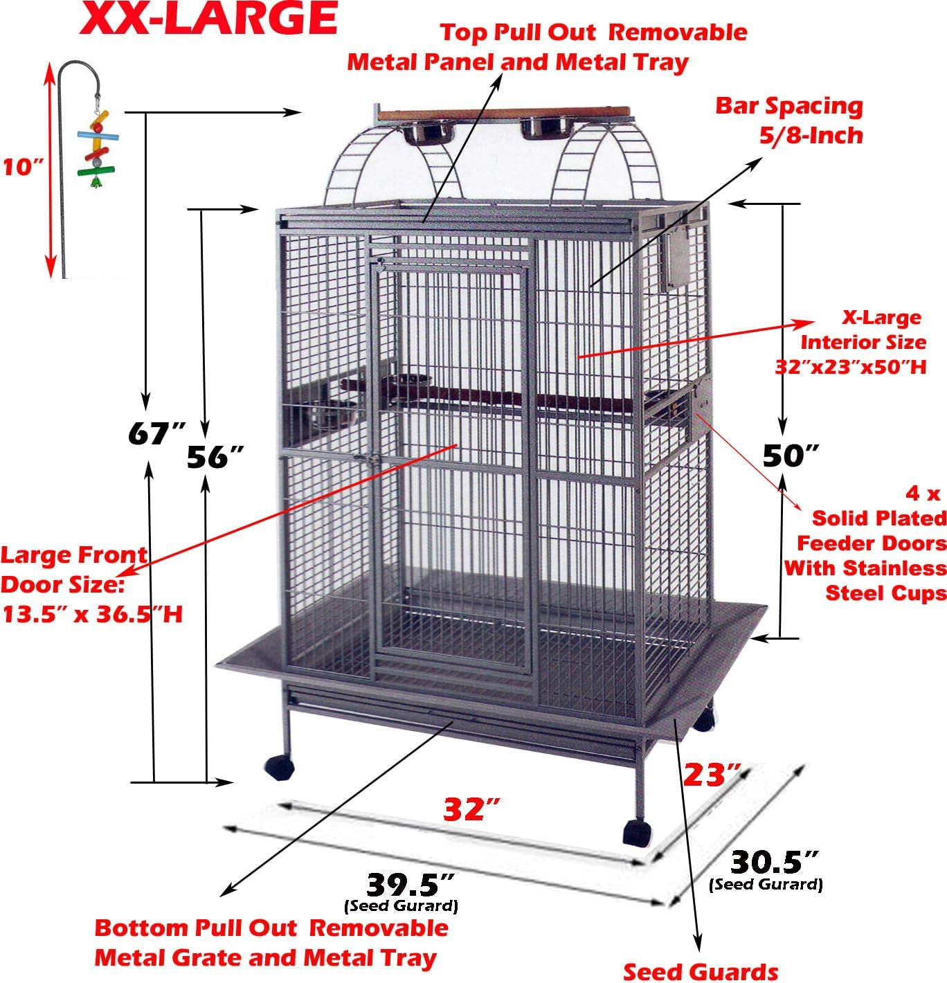 Extra Large Rolling Parrot Cage with Playtop for Macaws, Cockatoos, African Greys, and Amazons (32" L x 23" W x 66" H, Whitevein)