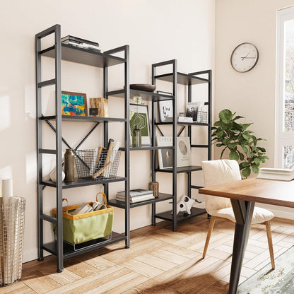 Triple 4-Tier Bookshelf with 11 Open Display Shelves - Wide Bookcase for Home and Office in Black