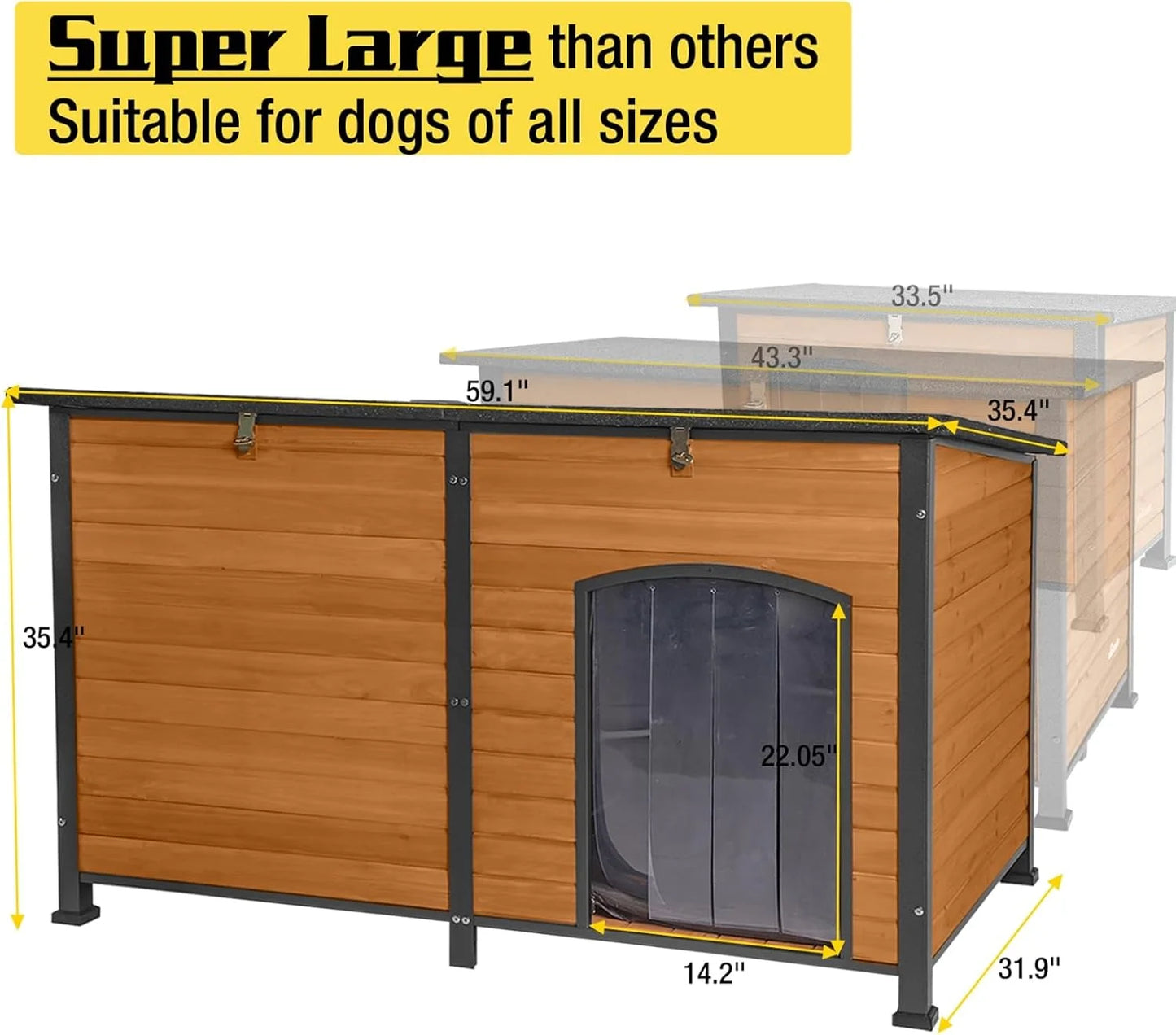 Extra Large Heated Dog House Outdoor Wooden Dog Kennel 59" Insulated with Heater All-Around Iron Frame