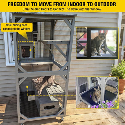 Cat House Outdoor Cat Catio Wooden Large Enclosure with Run on Wheels 70.9" Upgraded Version Catio with Reinforcement Strip,Waterproof Roof (Grey)
