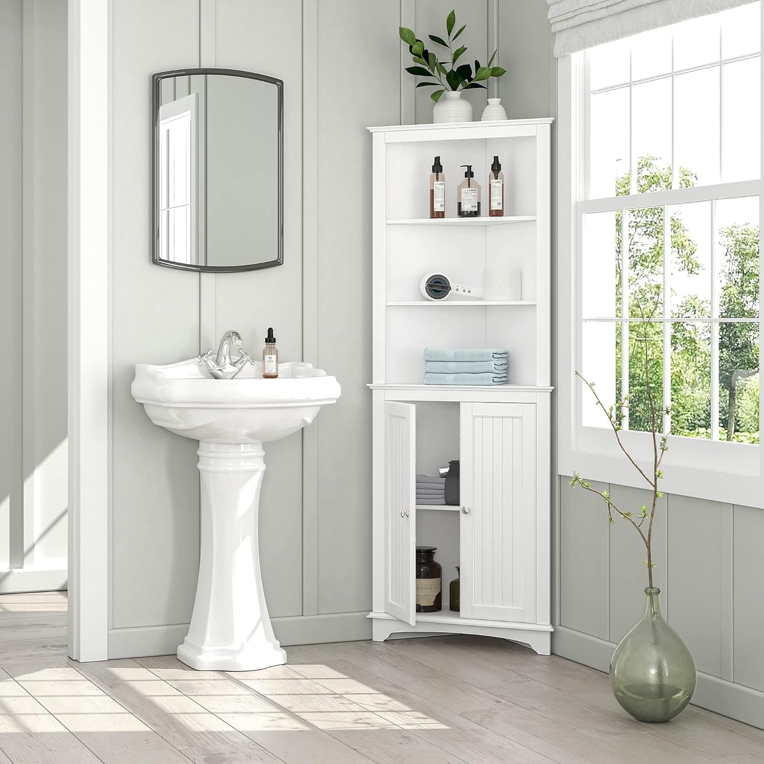 Freestanding Tall Corner Cabinet with Doors and Shelves for Bathroom, Kitchen, and Living Room in White