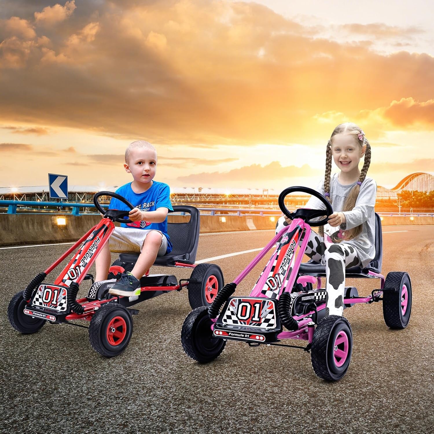 Kids' Off-Road Go Kart with Adjustable Seat, Safety Brakes, EVA Tires, and Steering Wheel - Red