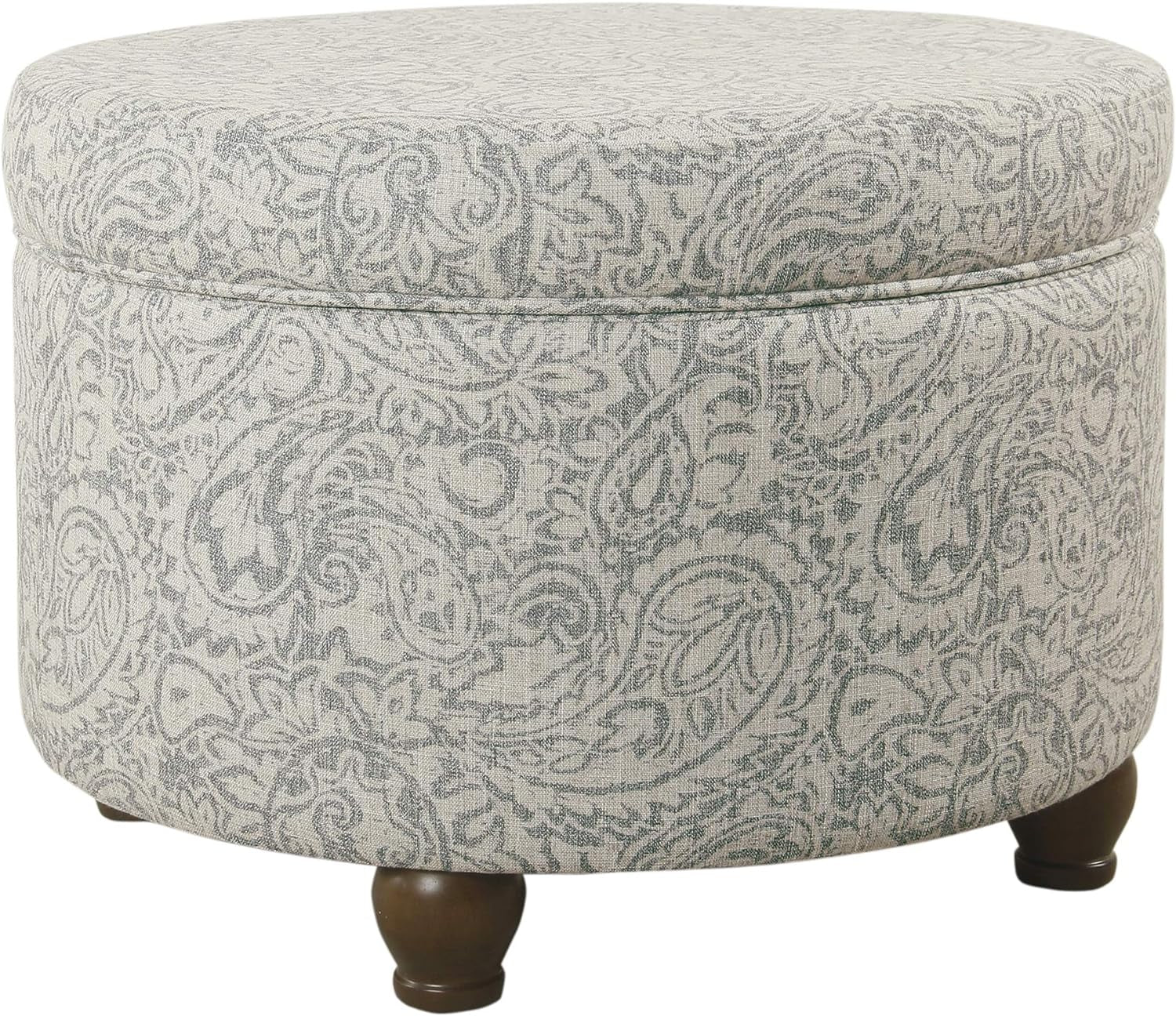 Upholstered Round Storage Ottoman for Living Room and Bedroom in Gray Floral Design
