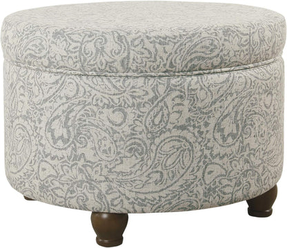 Upholstered Round Storage Ottoman for Living Room and Bedroom in Gray Floral Design