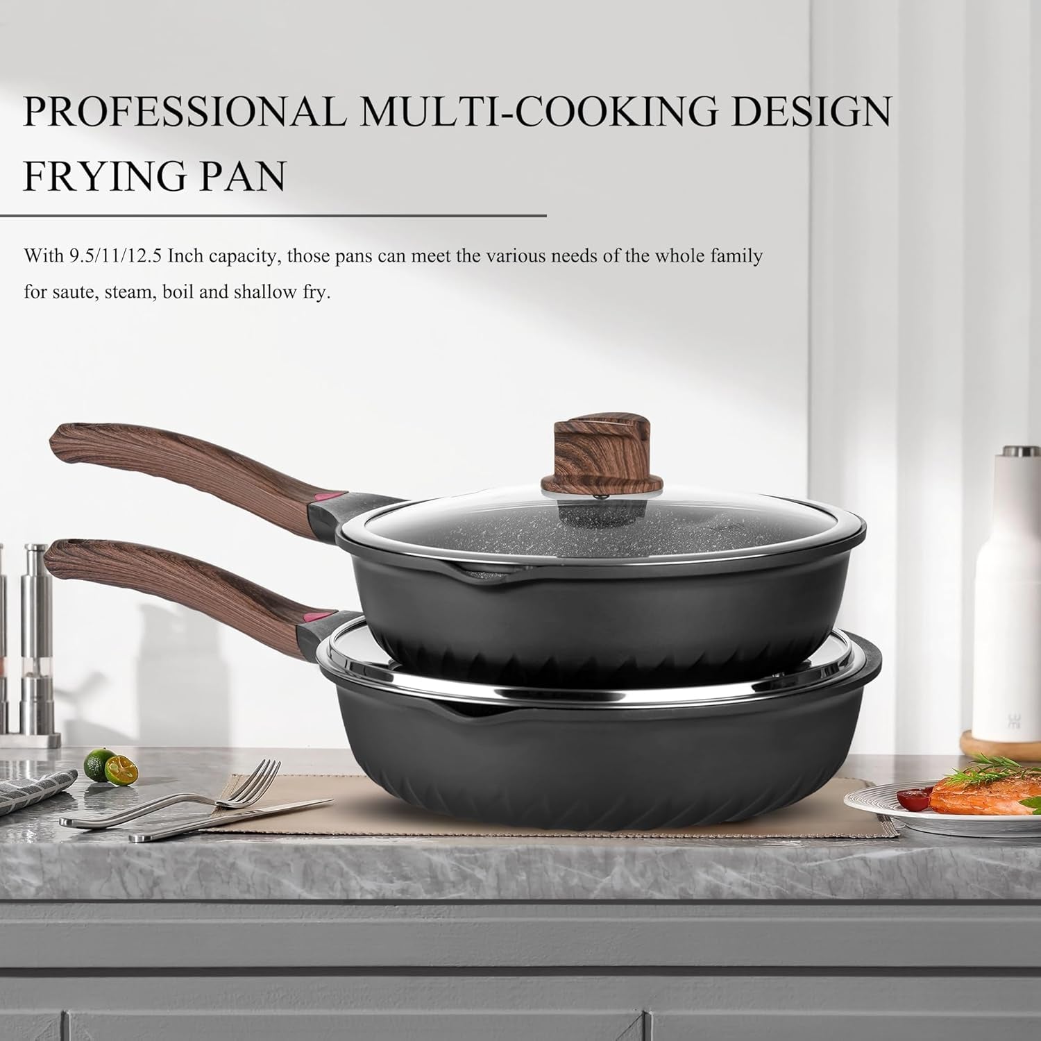 Pots and Pans Set, 12Pcs Nonstick Induction Kitchen Cookware Sets with Stay-Cool Handles, Frying Pans and Saute Pan with Lid, Silicone Cooking Utensil Sets and Pot Protectors, PFAS, PFOA Free