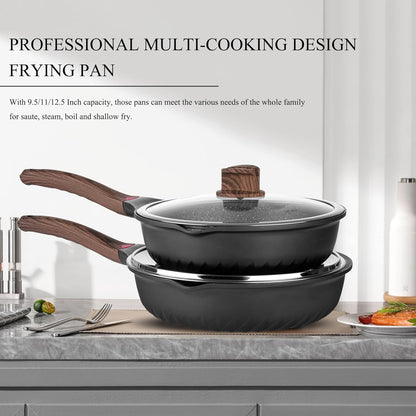 Pots and Pans Set, 12Pcs Nonstick Induction Kitchen Cookware Sets with Stay-Cool Handles, Frying Pans and Saute Pan with Lid, Silicone Cooking Utensil Sets and Pot Protectors, PFAS, PFOA Free