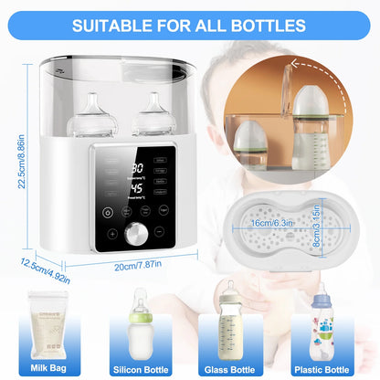 12-in-1 Multifunctional Baby Bottle Warmer and Sterilizer with LCD Display, Timer, and 24-Hour Temperature Control for Breastmilk and Formula, BPA-Free Dual Food Heater and Defroster