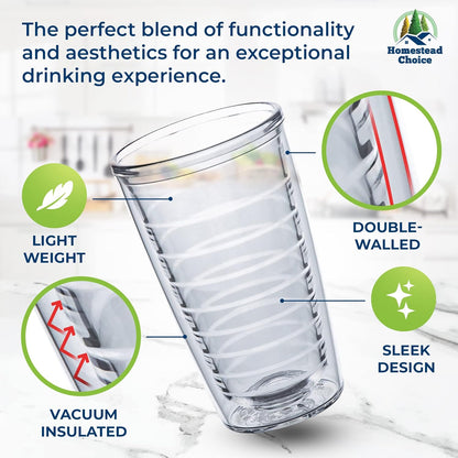 16Oz Insulated Tumblers Plastic Keeps Drinks Cold & Hot, 4Pack Double Walled Clear Insulated Drinking Glasses Cup, Bpa-Free, Reusable, Camping, Travel, Kitchen, Party