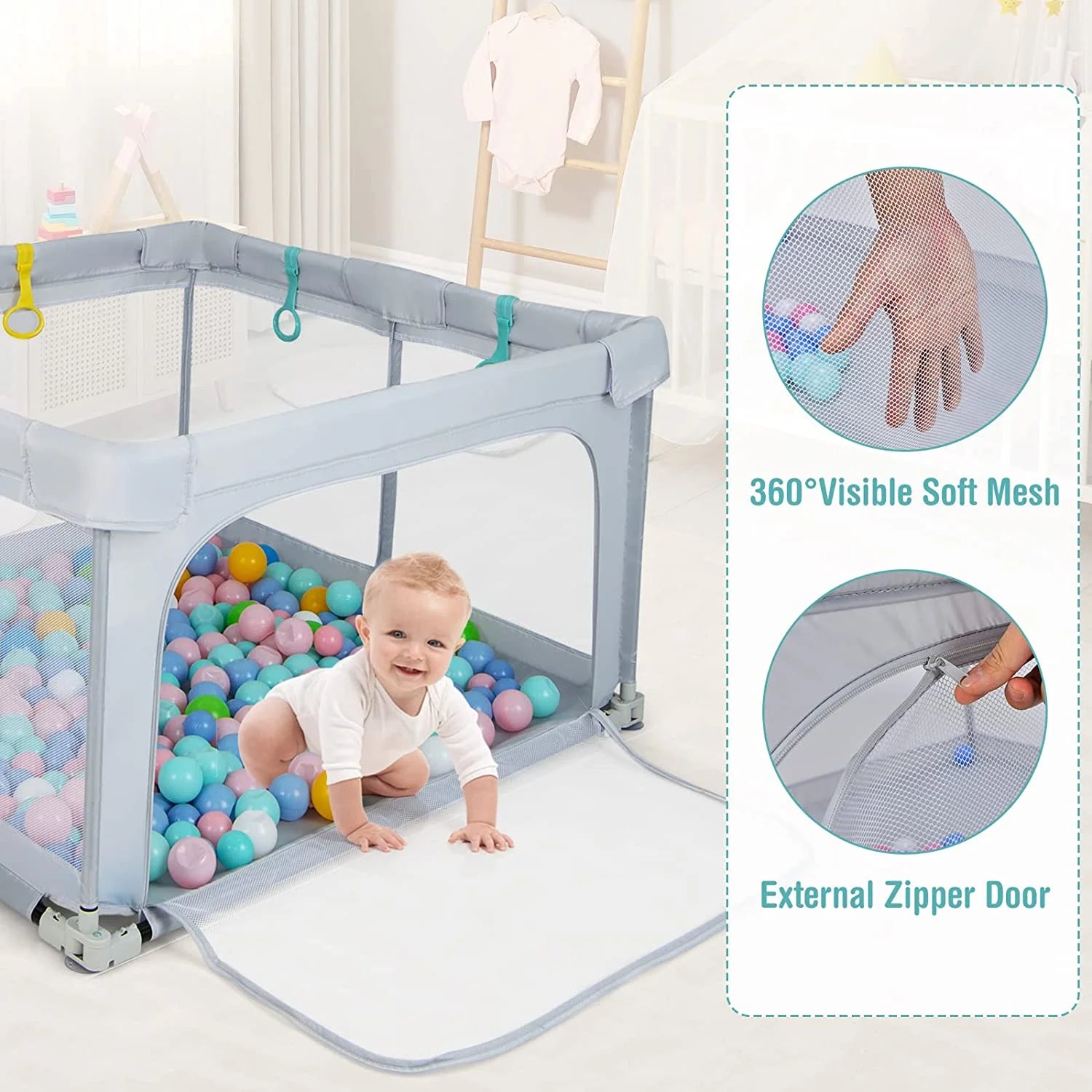 Large Foldable Baby Playpen, 50x50 Playard for Toddlers with Gate, Soft Mesh Design, Indoor/Outdoor Activity Center with 4 Handles and 50 Ocean Balls (Gray)