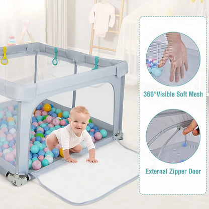 Large Foldable Baby Playpen, 50x50 Playard for Toddlers with Gate, Soft Mesh Design, Indoor/Outdoor Activity Center with 4 Handles and 50 Ocean Balls (Gray)