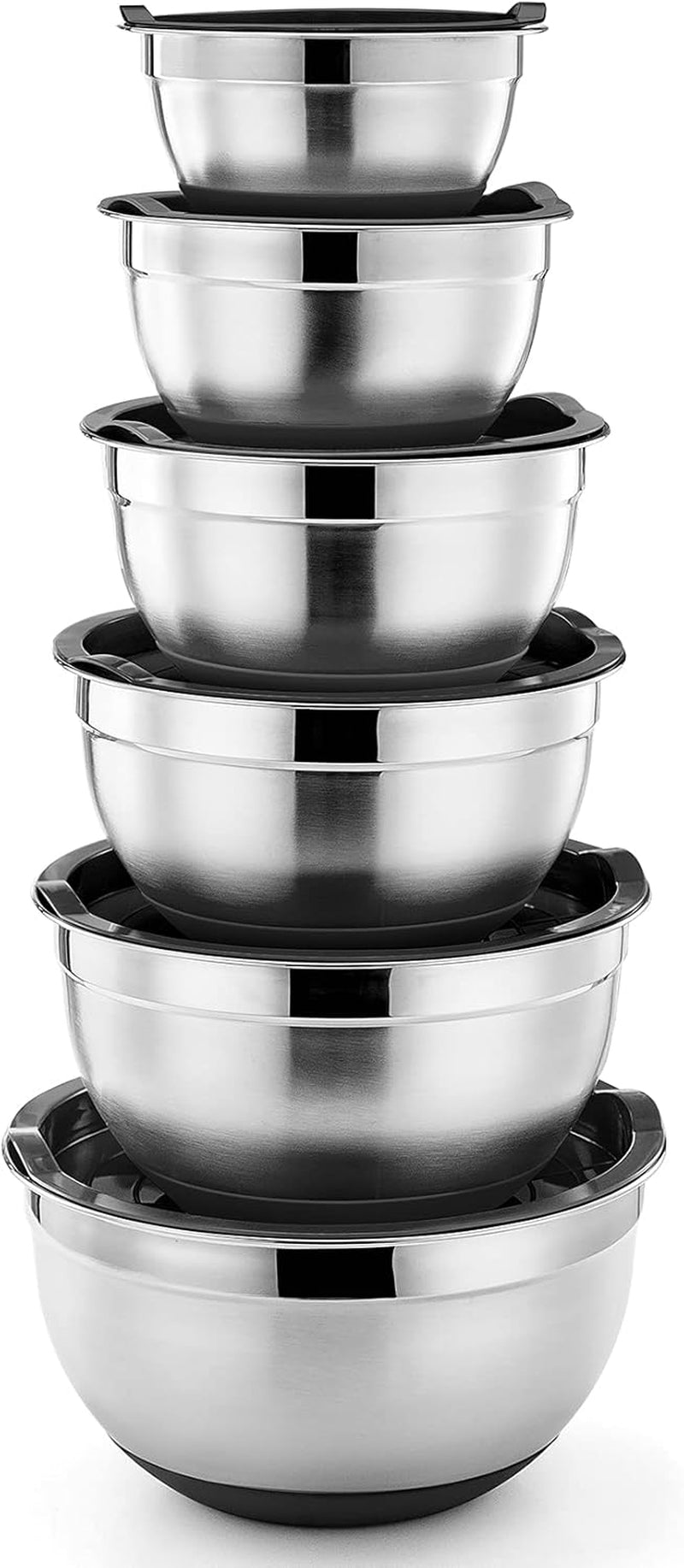 Mixing Bowls with Lids, Set of 6, Stainless Steel Nesting Mixing Bowls & Fitting Lids & Non-Slip Silicone Bottom, Ideal for Mixing, Storing, Size 0.7/1/1.5/2.5/3/4.6 Qt, Black