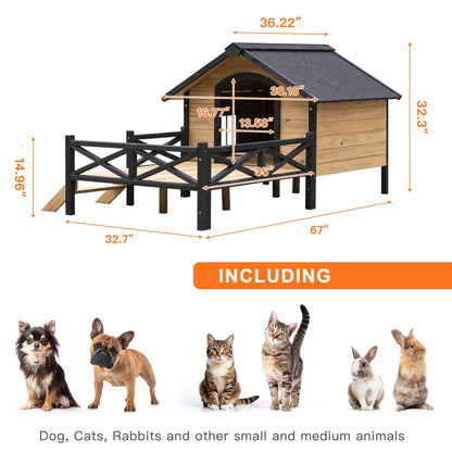 66" Outdoor Dog House, Large Wooden Dog Kennel with Porch, Cabin House Style Pet Houses for Cats, Brown