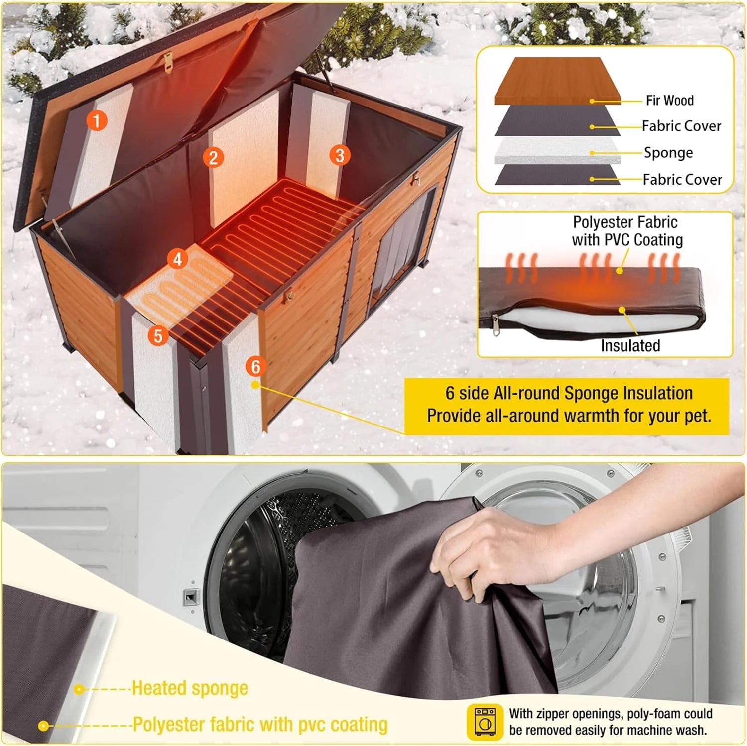 Extra Large Heated Dog House Outdoor Wooden Dog Kennel 59" Insulated with Heater All-Around Iron Frame