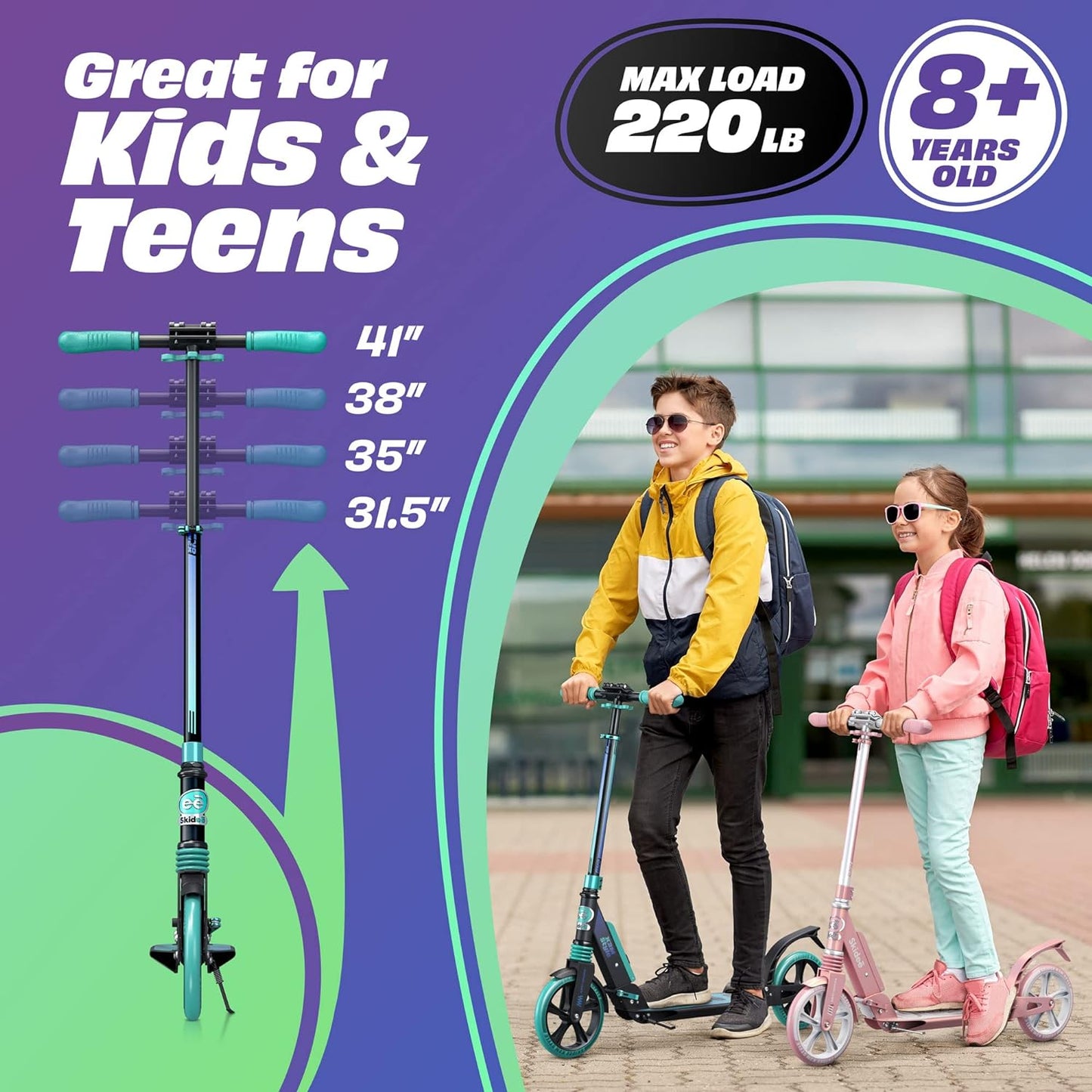Adjustable Height Adult and Teen Scooter with Folding Design, Large Wheels, Lightweight Construction, Durable Anti-Shock Suspension, Supports up to 220 lbs