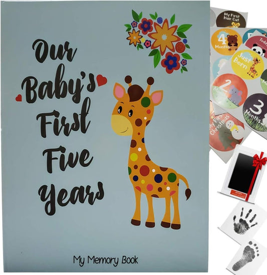 Deluxe Baby Memory Journal for the First 5 Years with 48 Monthly Milestone Stickers and Non-Toxic Clean-Touch Ink Pad