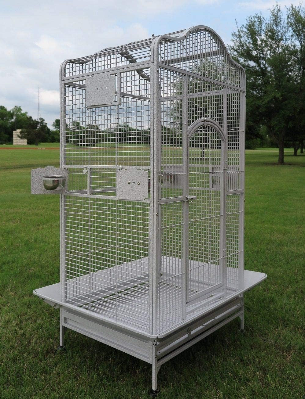 New Large Wrought Iron Open/Close Dome Play Top Bird Parrot Cage, Include Metal Seed Guard (28" W X22 D X 62" H White Vein)