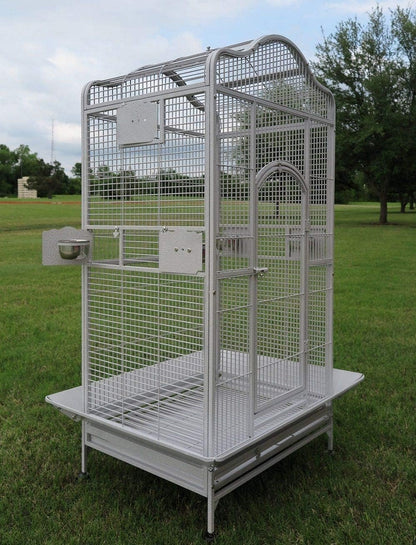 New Large Wrought Iron Open/Close Dome Play Top Bird Parrot Cage, Include Metal Seed Guard (28" W X22 D X 62" H White Vein)