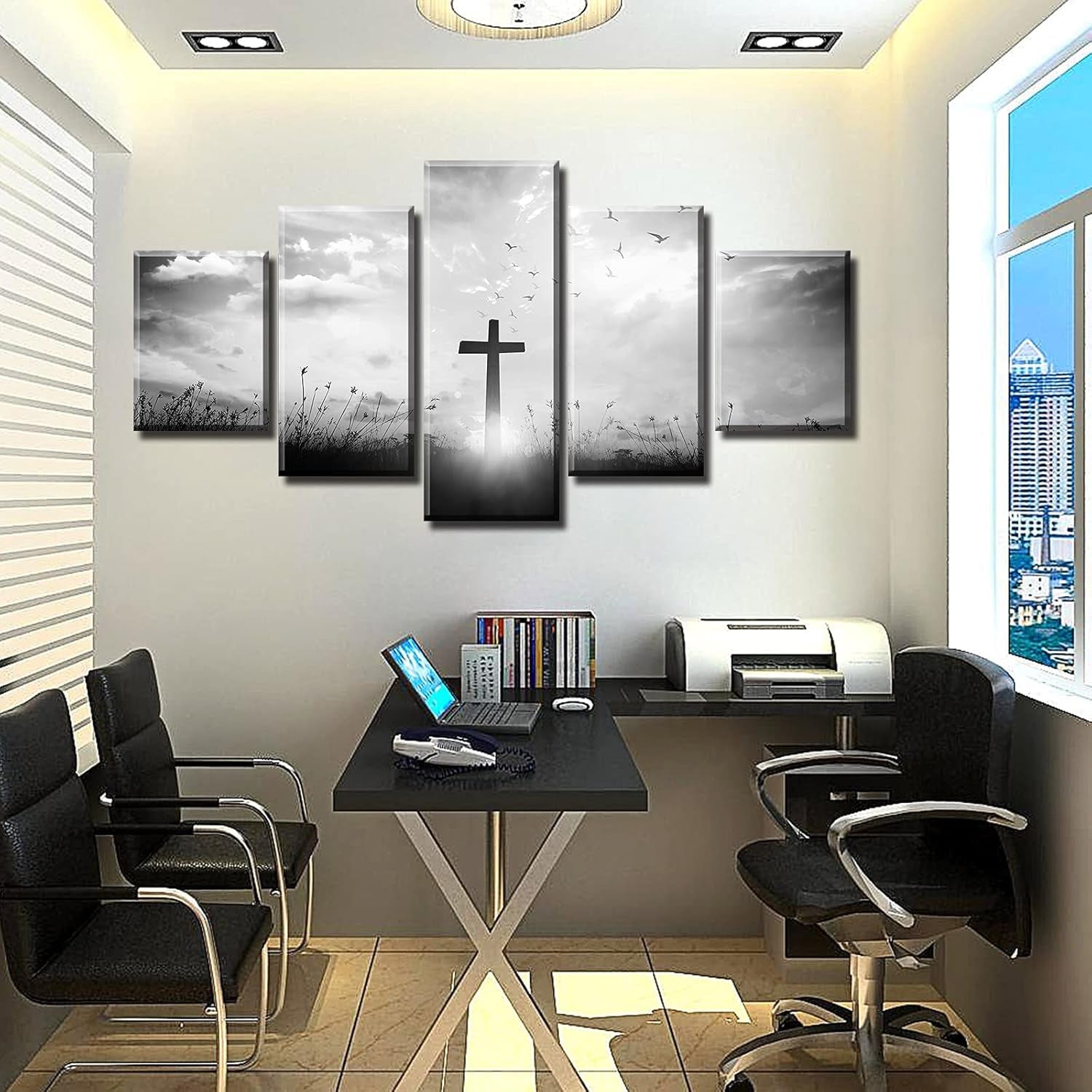 Black and White Christian Wall Art Set - Religious Jesus Cross Prints for Living Room and Bedroom Decor - 5-Piece Artwork (60" W x 32" H)