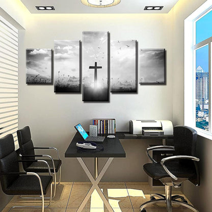 Black and White Christian Wall Art Set - Religious Jesus Cross Prints for Living Room and Bedroom Decor - 5-Piece Artwork (60" W x 32" H)