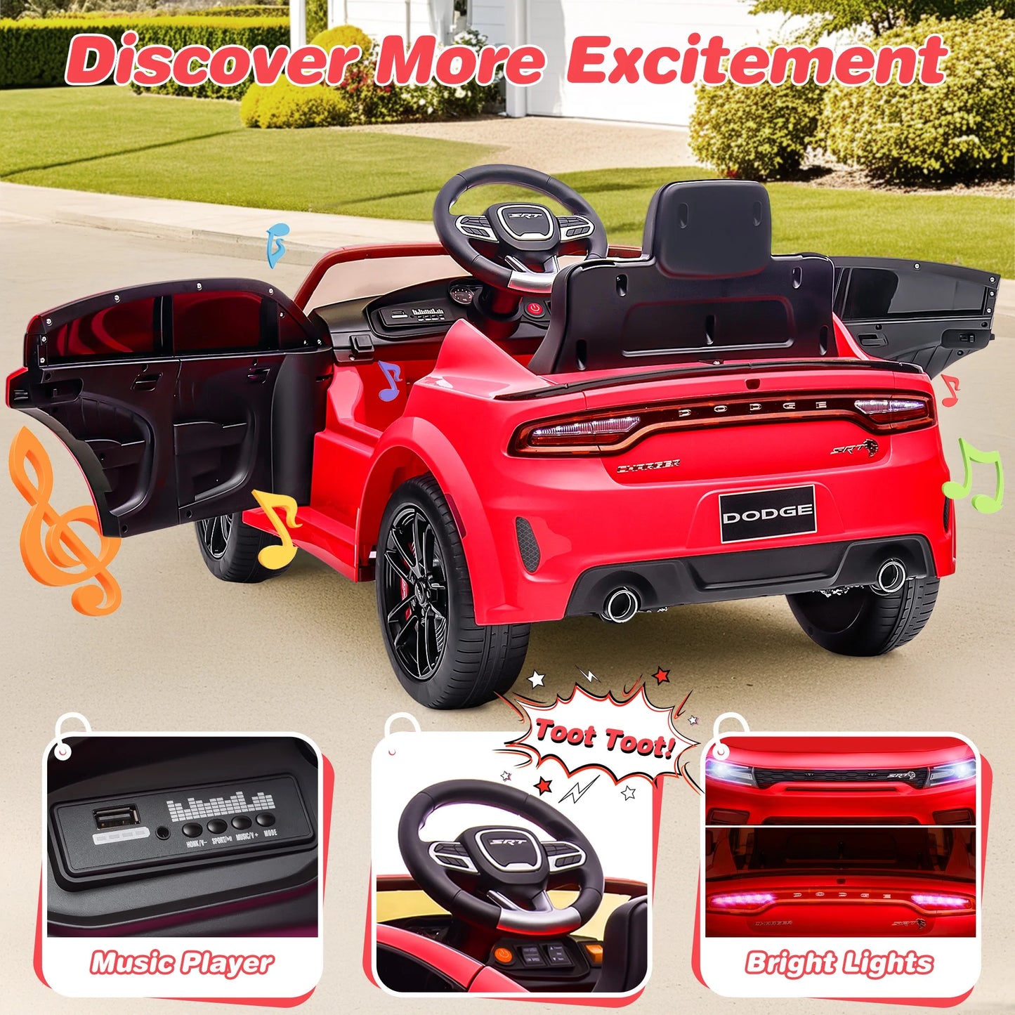Dodge Licensed 12V Electric Ride-On Charger SRT Hellcat for Kids with Parental Remote Control, Music Player, and LED Lights - Red